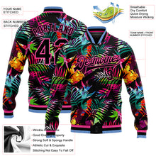 Load image into Gallery viewer, Custom Black Pink-Light Blue Hawaii Palm Trees 3D Bomber Full-Snap Varsity Letterman Jacket