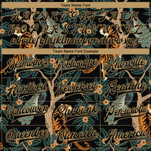 Load image into Gallery viewer, Custom Black Black-Old Gold Tiger And Peacock 3D Pattern Design Bomber Full-Snap Varsity Letterman Jacket