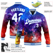 Load image into Gallery viewer, Custom Galactic White-Light Blue 3D Bomber Full-Snap Varsity Letterman Jacket