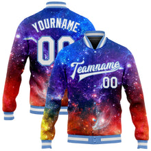 Load image into Gallery viewer, Custom Galactic White-Light Blue 3D Bomber Full-Snap Varsity Letterman Jacket