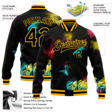 Load image into Gallery viewer, Custom Graffiti Pattern Black-Gold 3D Bomber Full-Snap Varsity Letterman Jacket