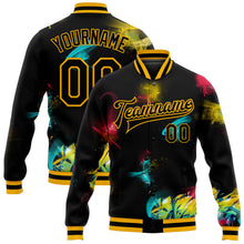 Load image into Gallery viewer, Custom Graffiti Pattern Black-Gold 3D Bomber Full-Snap Varsity Letterman Jacket