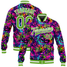 Load image into Gallery viewer, Custom Graffiti Pattern Neon Green-White 3D Bomber Full-Snap Varsity Letterman Jacket
