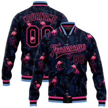 Load image into Gallery viewer, Custom Black Black Pink-Light Blue Hawaii Palm Trees And Flamingo 3D Bomber Full-Snap Varsity Letterman Jacket