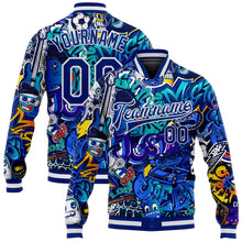 Load image into Gallery viewer, Custom Graffiti Pattern Royal-White Abstract Urban Street Art 3D Bomber Full-Snap Varsity Letterman Jacket