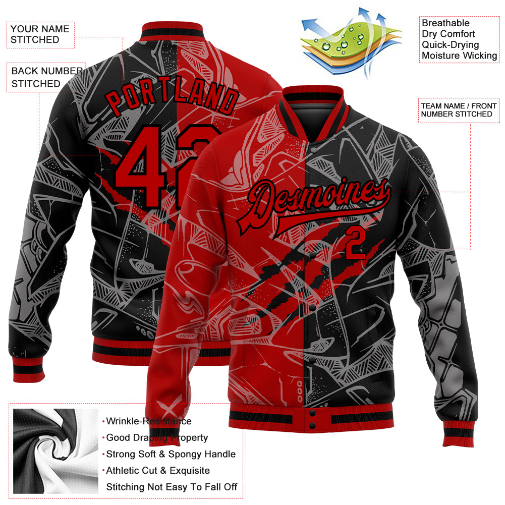 Custom Graffiti Pattern Red Black Scratch 3d Bomber Full Snap Varsity 