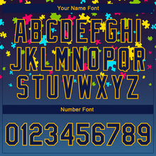 Load image into Gallery viewer, Custom Autism Awareness Puzzle Pieces Navy-Gold 3D Bomber Full-Snap Varsity Letterman Jacket