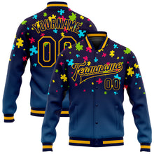 Load image into Gallery viewer, Custom Autism Awareness Puzzle Pieces Navy-Gold 3D Bomber Full-Snap Varsity Letterman Jacket