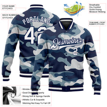 Load image into Gallery viewer, Custom Camo White-Navy 3D Bomber Full-Snap Varsity Letterman Salute To Service Jacket