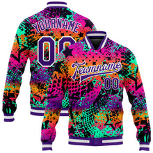 Load image into Gallery viewer, Custom Graffiti Pattern Purple-White Scratch 3D Bomber Full-Snap Varsity Letterman Jacket