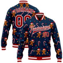 Load image into Gallery viewer, Custom Navy Red-White Christmas 3D Bomber Full-Snap Varsity Letterman Jacket