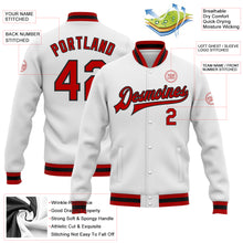 Load image into Gallery viewer, Custom White Red-Black Bomber Full-Snap Varsity Letterman Jacket