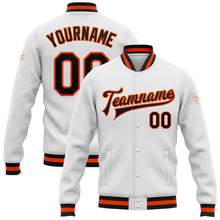 Load image into Gallery viewer, Custom White Black-Orange Bomber Full-Snap Varsity Letterman Jacket