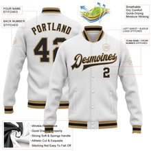 Load image into Gallery viewer, Custom White Black-Old Gold Bomber Full-Snap Varsity Letterman Jacket