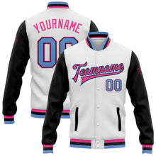 Load image into Gallery viewer, Custom White Light Blue Black-Pink Bomber Full-Snap Varsity Letterman Two Tone Jacket