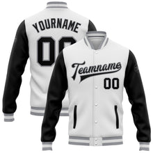 Load image into Gallery viewer, Custom White Black-Gray Bomber Full-Snap Varsity Letterman Two Tone Jacket