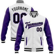 Load image into Gallery viewer, Custom White Black-Purple Bomber Full-Snap Varsity Letterman Two Tone Jacket
