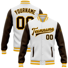 Load image into Gallery viewer, Custom White Brown-Gold Bomber Full-Snap Varsity Letterman Two Tone Jacket