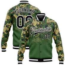 Load image into Gallery viewer, Custom Camo Black-Kelly Green 3D Bomber Full-Snap Varsity Letterman Salute To Service Jacket