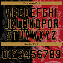 Load image into Gallery viewer, Custom Graffiti Pattern Black Red-Old Gold 3D Bomber Full-Snap Varsity Letterman Jacket