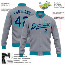 Load image into Gallery viewer, Custom Gray Navy-Teal Bomber Full-Snap Varsity Letterman Jacket