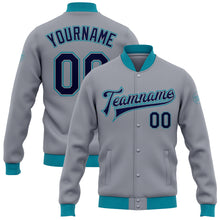 Load image into Gallery viewer, Custom Gray Navy-Teal Bomber Full-Snap Varsity Letterman Jacket