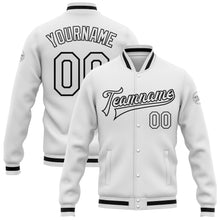 Load image into Gallery viewer, Custom White White-Black Bomber Full-Snap Varsity Letterman Jacket