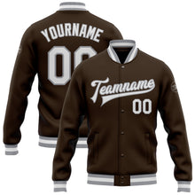 Load image into Gallery viewer, Custom Brown White-Gray Bomber Full-Snap Varsity Letterman Jacket