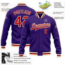 Load image into Gallery viewer, Custom Purple Red-Cream Bomber Full-Snap Varsity Letterman Jacket