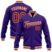 Load image into Gallery viewer, Custom Purple Red-Cream Bomber Full-Snap Varsity Letterman Jacket