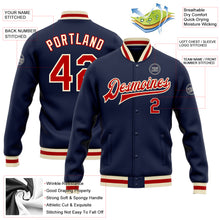 Load image into Gallery viewer, Custom Navy Red-Cream Bomber Full-Snap Varsity Letterman Jacket