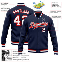 Load image into Gallery viewer, Custom Navy White-Red Bomber Full-Snap Varsity Letterman Jacket