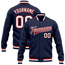Load image into Gallery viewer, Custom Navy White-Red Bomber Full-Snap Varsity Letterman Jacket