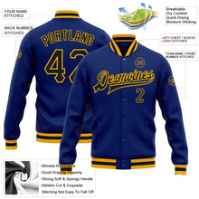 Load image into Gallery viewer, Custom Royal Black-Gold Bomber Full-Snap Varsity Letterman Jacket