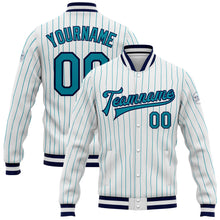 Load image into Gallery viewer, Custom White Teal Pinstripe Teal-Navy Bomber Full-Snap Varsity Letterman Jacket