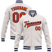 Load image into Gallery viewer, Custom White Orange Pinstripe Orange-Navy Bomber Full-Snap Varsity Letterman Jacket
