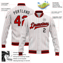 Load image into Gallery viewer, Custom White Red Pinstripe Red-Black Bomber Full-Snap Varsity Letterman Jacket