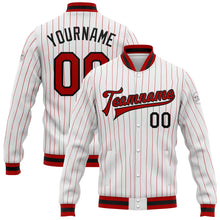 Load image into Gallery viewer, Custom White Red Pinstripe Red-Black Bomber Full-Snap Varsity Letterman Jacket