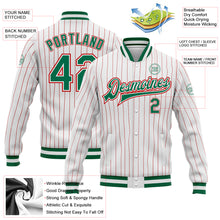Load image into Gallery viewer, Custom White Red Pinstripe Kelly Green-Red Bomber Full-Snap Varsity Letterman Jacket