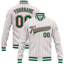 Load image into Gallery viewer, Custom White Red Pinstripe Kelly Green-Red Bomber Full-Snap Varsity Letterman Jacket