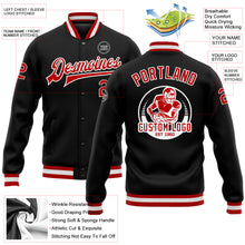 Load image into Gallery viewer, Custom Black Red-White Bomber Full-Snap Varsity Letterman Jacket