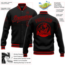 Load image into Gallery viewer, Custom Black Black-Red Bomber Full-Snap Varsity Letterman Jacket