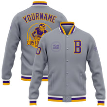 Load image into Gallery viewer, Custom Gray Purple-Gold Bomber Full-Snap Varsity Letterman Jacket
