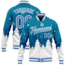 Load image into Gallery viewer, Custom Teal Light Blue-White Christmas 3D Bomber Full-Snap Varsity Letterman Jacket
