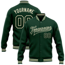 Load image into Gallery viewer, Custom Green Green-Cream Bomber Full-Snap Varsity Letterman Jacket