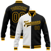 Load image into Gallery viewer, Custom White Black-Gold Bomber Full-Snap Varsity Letterman Split Fashion Jacket