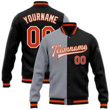Load image into Gallery viewer, Custom Black Orange-Gray Bomber Full-Snap Varsity Letterman Split Fashion Jacket