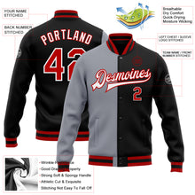Load image into Gallery viewer, Custom Black Red-Gray Bomber Full-Snap Varsity Letterman Split Fashion Jacket