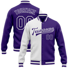 Load image into Gallery viewer, Custom White Purple Bomber Full-Snap Varsity Letterman Split Fashion Jacket