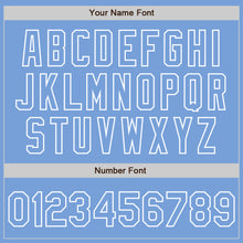 Load image into Gallery viewer, Custom White Light Blue Bomber Full-Snap Varsity Letterman Split Fashion Jacket